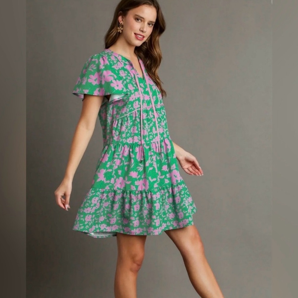 Umgee Green & Pink Floral Ruffle Dress Size Large - Picture 2 of 5